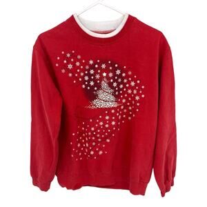 Decorated Originals Red Crewneck Christmas Tree Sweatshirt Stars Snow Sz M